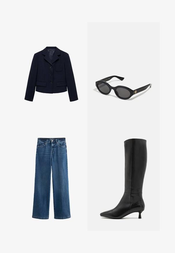 Mango Blejzr - royal blue; Bílé dlouhé rukávy košile na knoflíky vyrobené z hladké tkaniny, s klasickým límcem, dvěma předními kapsami a nařasenými manžetami.; Modré široké džíny v denimové látce, s vysokým pasem, pěti kapsami, jemným vyblednutím, zapínáním na knoflík a kontrastním prošíváním.; Zign Vysoká obuv - black; Černé oválné sluneční brýle s tmavými skly a lesklým plastovým rámem. Obsahují zlaté logo na straně, které poskytuje elegantní a moderní design.; Černá kožená kabelka se strukturovaným designem, se zlatým kulatým logem, horní rukojetí a odnímatelným ramenním popruhem.
