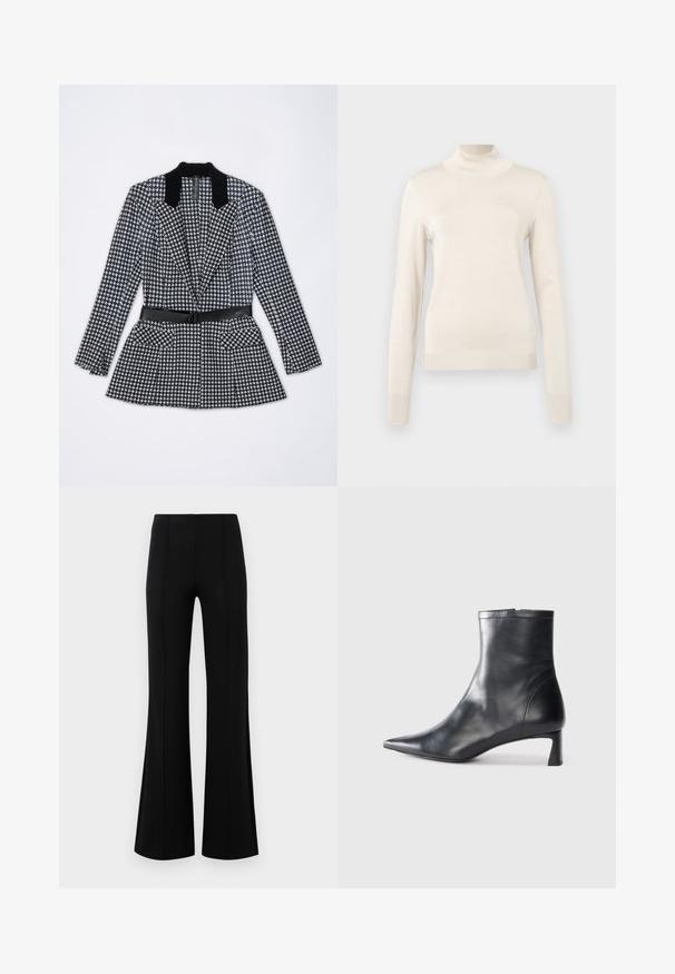 Black and white houndstooth patterned blazer with a black velvet collar, belted waist, and two front pockets. Tailored design, long sleeves.; Cream-colored turtleneck sweater made of soft knit fabric, featuring long sleeves and ribbed accents at the neck and cuffs.; Black flared pants with a high waist, made of stretchy fabric. Features vertical seam details on the front and a smooth texture.; Black leather ankle boot with a pointed toe and a sleek design. Features a low heel and a zipper closure at the back. Smooth texture.
