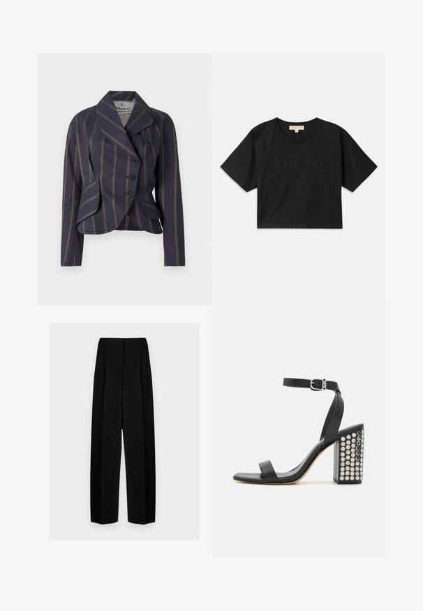 Blazer listrado em azul-marinho e castanho com três botões, lapelas largas, mangas longas e dois bolsos frontais com aba.; Camiseta cropped preta feita de algodão. Possui decote redondo e mangas curtas. "MICHAEL KORS" bordado na mesma cor na frente.; Calças largas pretas com uma cintura alta, apresentando pregas e uma textura suave. O tecido parece leve e cai elegantemente.; Sandálias de salto em couro preto com tira no tornozelo. Apresentam uma ponta quadrada, textura suave e um salto quadrado decorado com tachas prateadas.