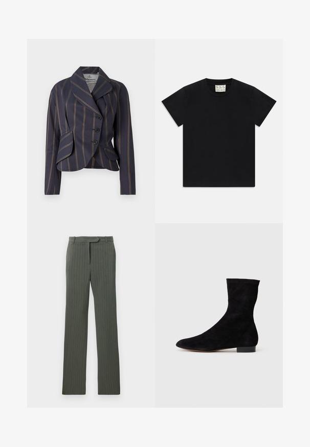Námořnicky modrý a hnědý pruhovaný blejzr s třemi knoflíky, širokými klopami, dlouhými rukávy a dvěma předními kapsami s klopou.; Černé tričko s krátkým rukávem a kulatým výstřihem s bílou cedulkou uvnitř límce s nápisem "D.R.C. EST. 2002" na bílém pozadí.; Tmavě šedé kalhoty s jemným proužkem, střižené na míru, s poutky na opasek a rovnou nohavicí, položené na bílé pozadí.; Černá nubuková kotníková bota s úzkým svrškem, špičatou špičkou a nízkým blokovým podpatkem. Hladká textura a minimalistický design, vhodné pro všestranné styling.