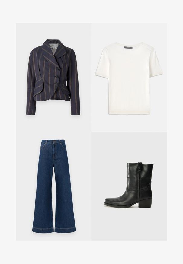 Blazer listrado em azul-marinho e castanho com três botões, lapelas largas, mangas longas e dois bolsos frontais com aba.; Top de malha branco, de mangas curtas, com decote redondo, apresentando uma textura suave e discretos realces canelados nas mangas e na barra.; Jeans azul de perna larga com cintura alta, apresentando um fecho de botão, passantes para cinto e detalhes de costura discretos ao longo dos bolsos e das bainhas.; Bota de tornozelo em couro preto com bico arredondado, salto bloco, fecho lateral e detalhes em costura na parte frontal. Textura suave, design clássico.