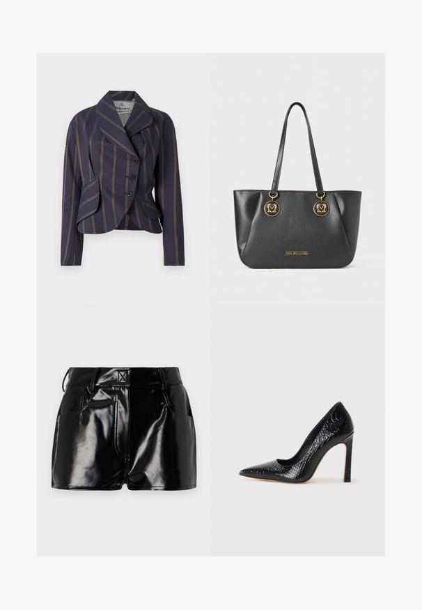 Tamsiai mėlynas ir rudas dryžuotas švarkas su trimis sagomis, plačiais apykaklėmis, ilgomis rankovėmis ir dviem priekiniais kišenėmis su antklodėmis.; Balta ilga rankovė T-marškiniai, pagaminti iš dryžuoto medvilnės, su apvaliu kaklu ir tiesia apatine dalimi. Paprastas dizainas be raštų ar akcentų.; Juodos, blizgios šortai, pagaminti iš sintetinės medžiagos. Turi prigludusią liemenį, diržo kilpas ir priekines kišenes su ryškiomis siuvimo detalėmis.; Juoda smailiakulnė aukšto kulno bateliai su krokodilo odos tekstūra, pasižymintys elegantišku dizainu, aukštu stiletu kulnu ir lygia juoda vidine dalimi.; Juodas dirbtinės odos tote krepšys su auksinėmis apvaliomis detalėmis, turintis dvi petnešas ir iškilnią prekės ženklo logotipą priekyje.