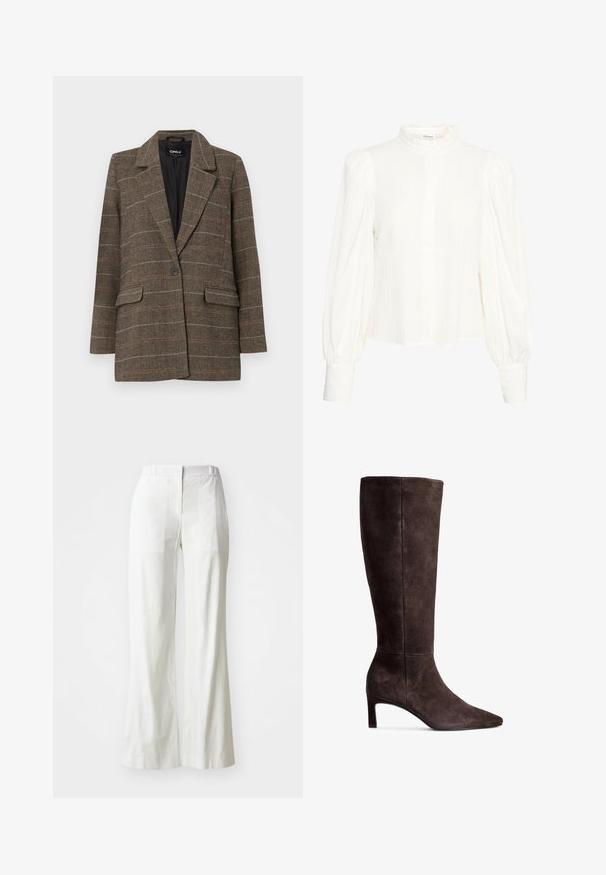 Brown herringbone blazer with a notched lapel, single button closure, two front pockets, and a black inner lining. Subtle check pattern accents.; White long-sleeve blouse with a textured, crinkled fabric. Features a high, ruffled collar and button closure. Wide puffed sleeves and cuffed wrists.; White, high-waisted wide-leg pants made of lightweight fabric. Features flat front, rear pockets, and a clean, simple design.; Brown suede knee-high boot with a pointed toe and 3-inch heel. Smooth texture, sleek silhouette, and minimalistic design.
