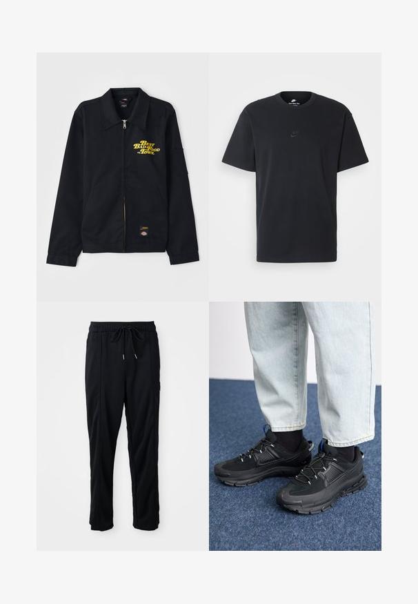Black jacket with a collared neckline, zip front, and yellow text "Best Bad Food in Town." Features side pockets and a logo patch.; Nike black cotton t-shirt with a classic crew neck, short sleeves, and a subtle, embossed logo on the chest. Smooth texture.; Black drawstring waist casual pants with side seam pockets and straight leg cut on a plain background.; Black athletic shoes with textured fabric and rubber soles, featuring elastic laces and a blue accent on the heel. Worn with light denim pants.