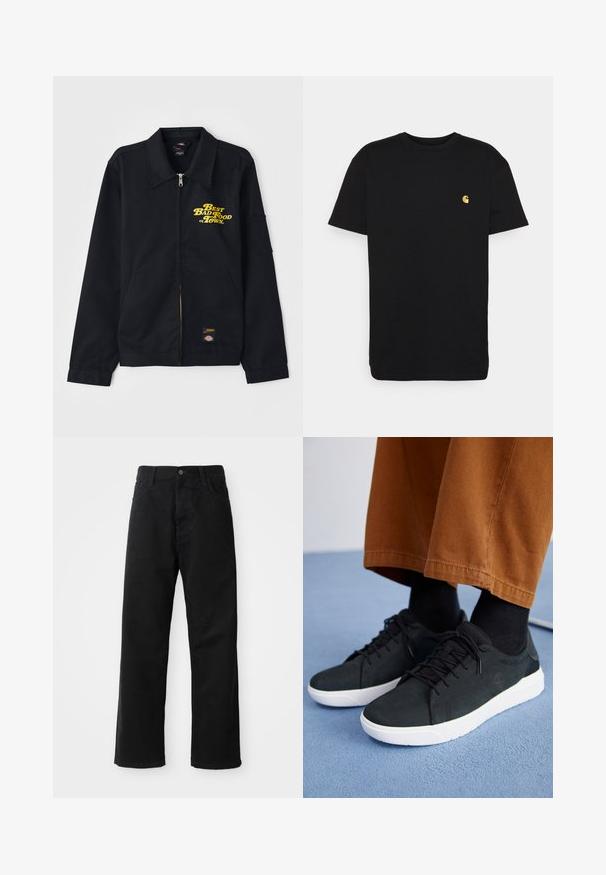 Svart jakke med krage, glidelås foran og gul tekst "Beste dårlige mat i byen." Har side lommer og en logo-patch.; Svart bomull T-skjorte med korte ermer, rund hals og en liten gul logo på venstre brystområde. Enkelt design og normal passform.; Svart denimbukser med rett snitt, med frontlommer, glidelåsgylf og en enkelt knapp i toppen. Teksturert stoff med matt overflate.; Svarte semskede sneakers med hvite gummisåler, med snøring, teksturerte detaljer og subtil branding, sammen med brune bukser.
