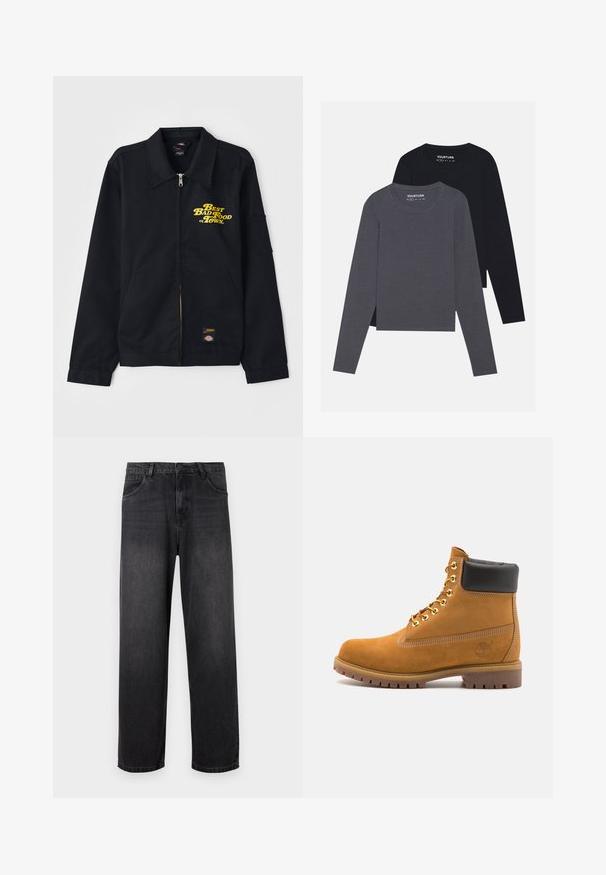 Fekete dzseki, galléros nyakkal, cipzáros elülső résszel, sárga felirattal: "A legjobb rossz étel a városban". Oldalsó zsebekkel és logós felvarrással rendelkezik.; YOURTURN 2 PACK UNISEX - Hosszú ujjú felső - dark grey/black; Sötétszürke farmernadrág egyenes szárú kialakítással, cipzáros nyitással, öt zsebbel és finom elhalványulásokkal az anyagon.; Barna velúr bokacipő fekete párnázott gallérral, arany fém fűzőlyukakkal, fehér varrási részletekkel és durva gumitalppal, amelynek kifejezett barázdái vannak.