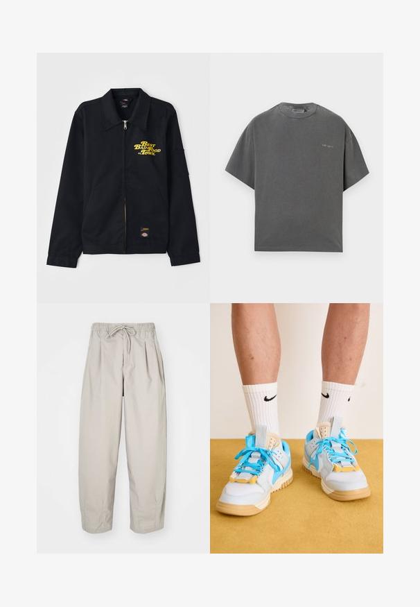 Czarna kurtka z kołnierzykiem, z zamkiem z przodu oraz żółtym napisem "Najlepsze Złe Jedzenie w Mieście." Posiada boczne kieszenie oraz naszywkę z logo.; Szara, oversize krótka koszulka z krótkim rękawem, wykonana z miękkiej mieszanki bawełny, z okrągłym dekoltem i subtelnym detalem logo na klatce piersiowej. Gładka struktura materiału.; Beżowe, lekkie spodnie z elastycznym pasem i sznurkiem do regulacji. Posiadają pliski i luźny krój, wykonane z miękkiego, gładkiego materiału.; Jasnoniebieskie trampki z brązowymi podeszwami, wyposażone w wyraźne turkusowe sznurowadła i żółte akcenty. Teksturowane materiały i widoczne poduszki powietrzne.