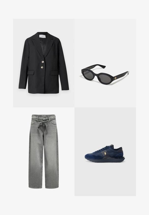 Sort skræddersyet blazer med to sølvknapper, hakkede revers, klaplommer og lange ærmer, hængende mod en hvid baggrund.; Grå turtleneck sweater lavet af blødt strikmateriale med ribbede manchetter og kant. Har en afslappet pasform og en struktureret halsudskæring.; Hvid skjorte med knapper lavet af glat bomuld med en klassisk krave, der har en lige søm og beige knapper langs forsiden.; Bredde grå denim jeans med snøre i taljen og forlommer. Stoffet har en let struktur og en falmet overflade.; Mørkeblå sportsko med ruskind og mesh-materialer, udstyret med gummisål, snørebåndsdesign og en gylden logoaccent.; Sorte ovale solbriller med mørke linser og blank plastramme. Har et guldlogo på stykket, hvilket giver et slankt og moderne design.; Sort tote taske lavet af stof, med et fremtrædende prægede logo i et cirkulært design. Glat tekstur med kontrasterende læderdetaljer.