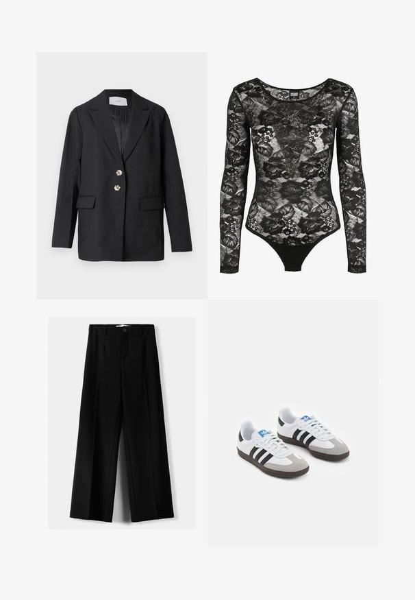 Zwarte op maat gemaakte blazer met twee zilveren knopen, reverskraag, klepzakken en lange mouwen, hangend tegen een witte achtergrond.; Zwarte kanten bodysuit met lange mouwen, bloemenpatronen en een ronde hals; heeft een stringmodel aan de onderkant voor een aansluitende silhouet.; Zwarte wijde broek van lichtgewicht stof, met een knoopsluiting aan de voorkant en een vlakke achterkant, afgewerkt met keurig gestikte zoom.; Sportschoenen met een witte leren bovenkant, grijze suède neus en drie zwarte strepen. Bevat een blauw logo op de tong en een gestructureerde rubberen zool.