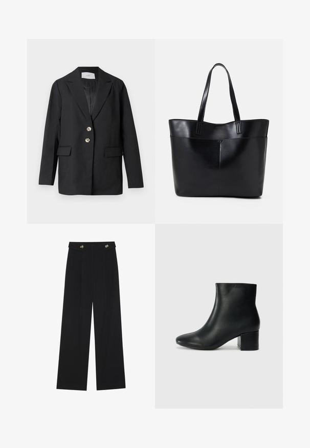 Black tailored blazer with two silver buttons, notch lapels, flap pockets, and long sleeves, hanging against a white background.; Black long-sleeve top featuring flared cuffs, soft texture, and a relaxed fit, with a simple round neckline.; Black wide-leg trousers with high waist, button details on waistband, and front pleats.; Black leather ankle boots with a pointed toe and a chunky heel. Smooth texture with minimal accents and a sleek, fitted design.; Black leather tote bag with two long handles, a smooth texture, and a structured shape. Features a front pocket for additional storage.