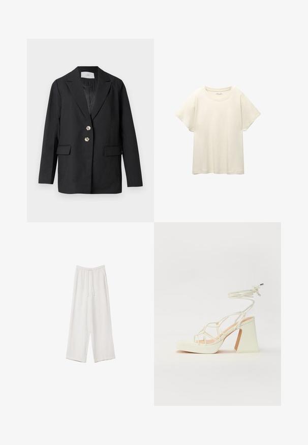 Črni krojeni blazer z dvema srebrnima gumboma, zarezanimi ovratniki, žepki s klapnami in dolgimi rokavi, visi na belem ozadju.; Svetlo bež kratkosleeven majica s okroglim ovratnikom, izdelana iz mehke, gladke tkanine. Ima sproščen kroj in raven rob.; Bele široke hlače iz lahkega materiala. Imajo elastičen pas s vrvico in stranske žepe. Gladka tekstura.; Bela sandala na visokih petah s debelim petam, ki ima obliko trakcev in vezanje okoli gležnja. Gladka tekstura z platformo spredaj za dodatno višino.
