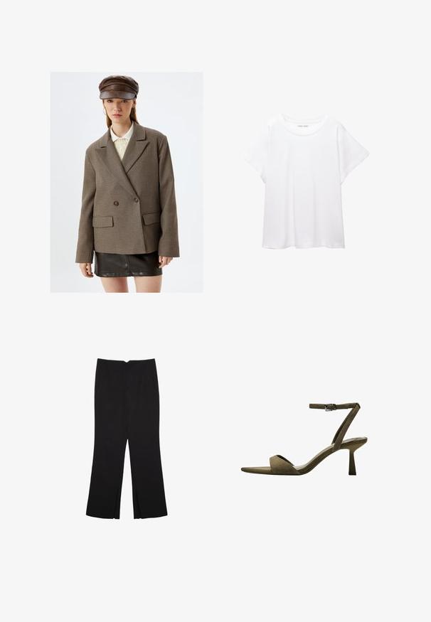 Brunternet blazer med et dobbeltknap-design, notch-lapel, to frontlommer og kontrasterende mørke knapper, parret med en sort lædernederdel.; Hvid T-shirt lavet af blødt, let stof. Har en rund halsudskæring og korte, brede ærmer med en afslappet pasform. Ingen synlige mønstre.; Sorte bukser med lige pasform, der har frontlommer og slidser i kanten. Lavet af blødt, glat stof. Velegnet til forskellige anledninger.; Bershka WITH ANKLE STRAP - Sandaler - mottled green