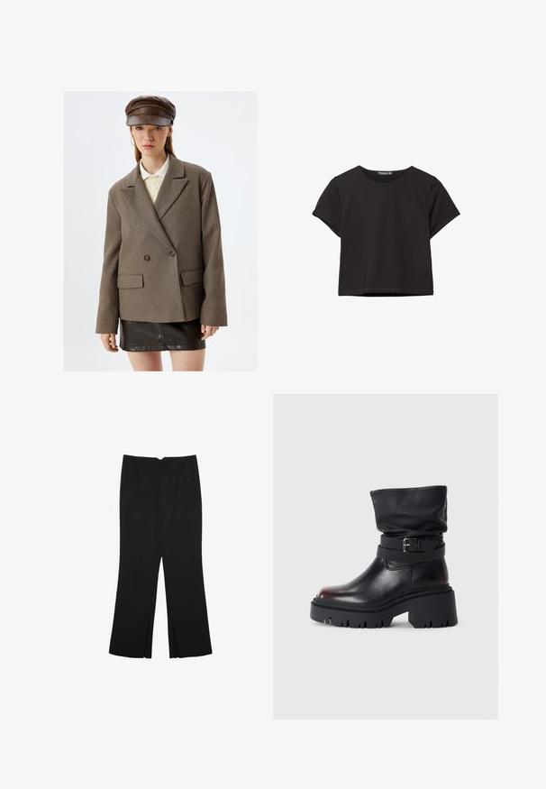 Brunternet blazer med et dobbeltknap-design, notch-lapel, to frontlommer og kontrasterende mørke knapper, parret med en sort lædernederdel.; Sort kortærmet crop top lavet af blødt stof, med rund halsudskæring og en afslappet pasform med en ren nederste kant.; Sorte bukser med lige pasform, der har frontlommer og slidser i kanten. Lavet af blødt, glat stof. Velegnet til forskellige anledninger.; Sort læderankelstøvle med en slouchy overdel, spænde detaljer og en tyk, robust sål. Har rund tå og glat tekstur.