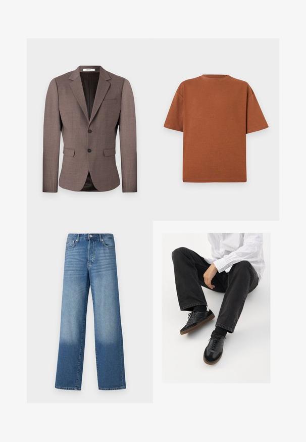 Blazer castanho sob medida feito de tecido texturizado, apresentando lapela com entalhe, fecho de dois botões e dois bolsos frontais com um bolso no peito.; T-shirt de algodão castanho com gola arredondada, mangas curtas e um ajuste descontraído. O tecido tem uma textura suave e costuras mínimas.; Jeans de cintura alta azuis, com perna reta, com desbotamento nas coxas e tons mais escuros perto das bainhas, com botão frontal e bolsos visíveis.; Sneakers pretos com parte superior lisa e texturada, apresentando uma sola de borracha e atacadores escuros. Combinados com jeans pretos e uma camisa branca às riscas.