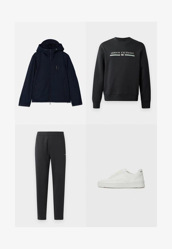 Mörkblå huva jacka med frontdragkedja, två zippered sidfickor och en texturerad logopatch på bröstet. Slät tygfinish.; Svart sweatshirt tillverkad av mjukt tyg. Har rundad halsringning och långa ärmar. Framtill står det "ARMANI EXCHANGE" och "1991" i kontrasterande färger.; Svarta joggingbyxor i mjukt tyg, med elastisk midja, raka ben och en liten logotypdetalj på sidan.; Vita lädersneakers med en jämn yta, rund tå, platta snörningar och en strukturerad sula. Har en diskret logotyp på hälen.