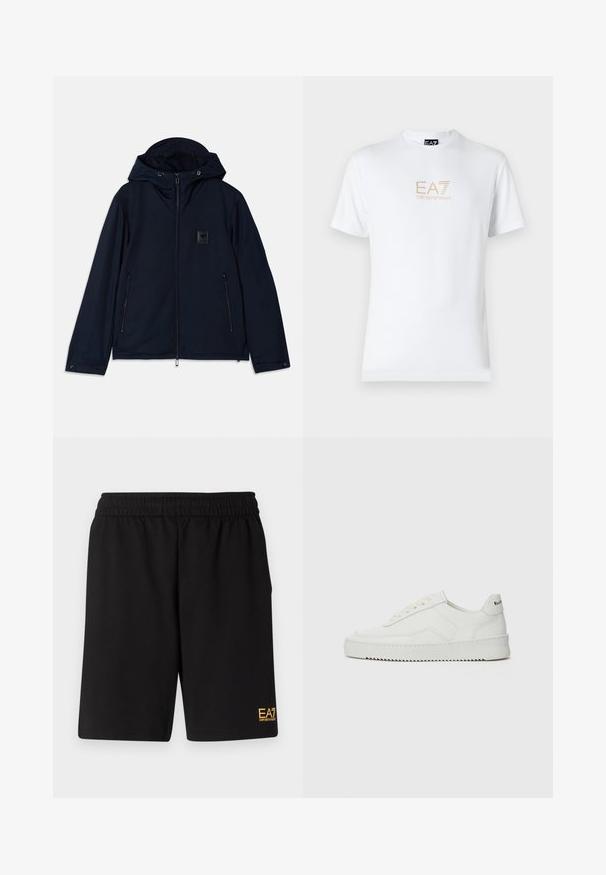 Marineblaue Kapuzenjacke mit einem Reißverschluss vorne, zwei seitlichen Reißverschlusstaschen und einem strukturierten Logo-Patch auf der Brust. Glatte Stoffoberfläche.; Weißes Baumwoll-T-Shirt mit Rundhalsausschnitt und kurzen Ärmeln, mit einem goldenen EA7 Emporio Armani-Logo auf der Vorderseite.; Schwarze Sportshorts aus weichem Material, mit einem elastischen Bund und einem kleinen gelben EA7-Logo am unteren linken Bein.; Weiße Ledersneaker mit glatter Oberfläche, runder Zehenpartie, flachen Schnürsenkeln und strukturiertem Sohlenprofil. Mit einem dezenten Logo an der Ferse.