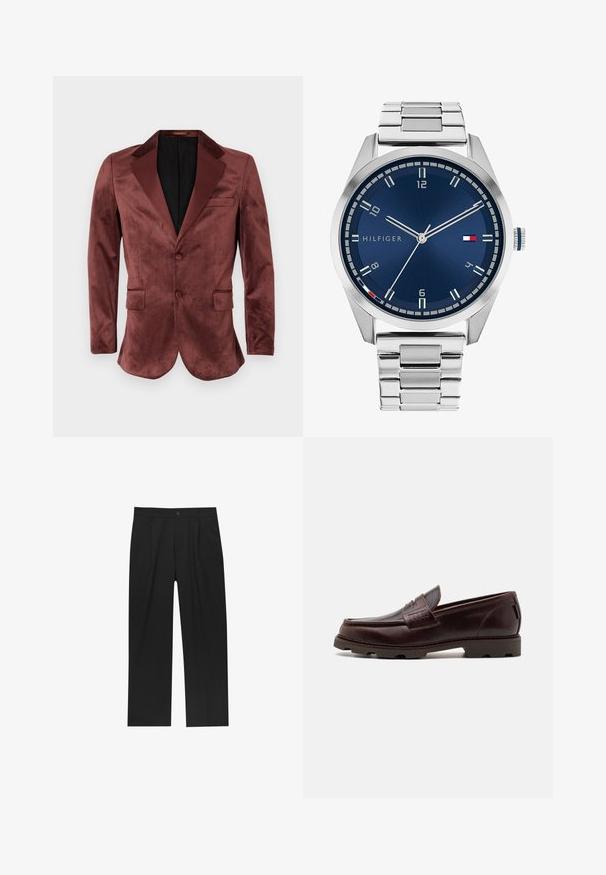 Bordeaux sametový blejzr s saténovými špičatými klopami, dvěma předními kapsami, zapínáním na jeden knoflík a černou podšívkou. Hladká textura.; Dvě bezrukávové sportovní topy, jeden bílý a druhý černý, vyrobené z elastického materiálu s kulatými výstrihy a viditelnými švy.; Černé kalhoty s rovnými nohavicemi, vyrobené z hladké tkaniny. Mají přední záhyby a jedno knoflíkové zapínání v pase.; Hnědé kožené mokasíny s horní částí ve stylu mokasín, s texturovanými švy a robustní podrážkou se směrovými vzory.; Stříbrné kovové hodinky s broušeným modrým ciferníkem, bílými hodinovými indexy a zobrazením data. Mají spojený kovový pásek a logo značky.