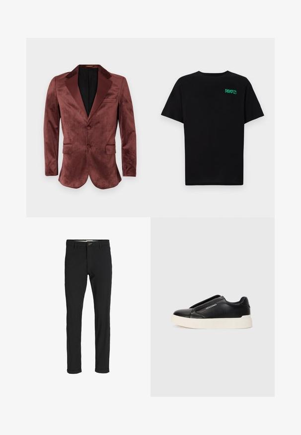 Burgundi bársony blézer selyem csúcsú hajtókákkal, két elülső zsebbel, egy gombos záródással és fekete belső béléssel. Sima textúra.; Fekete, pamutból készült póló rövid ujjakkal. Elöl zöld "ROOTS" logóval, kerek nyakkivágással és normál szabással.; Fekete pamut keverék nadrág, slim fit szabással, gombos záródással, zsebekkel és felgöngyölt szárakkal a laza végeredményért.; Fekete slip-on sneaker, textúrált bőrfelsővel, fehér gumitalppal és láthatatlan fűzőkkel. Az oldalon a márka logója található.