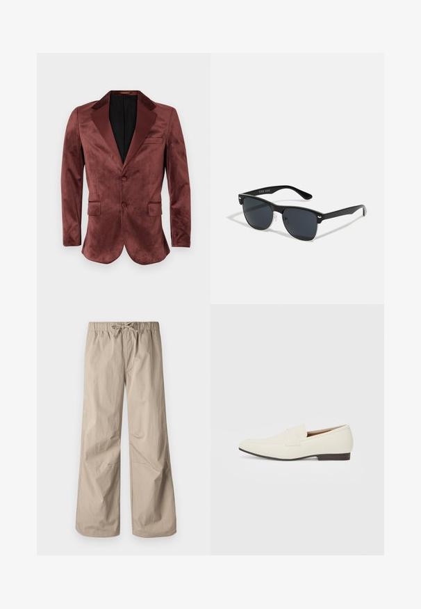 Burgundijas samta žakete ar satīna pīķa uzvalkiem, divām priekšējām kabatām, vienu pogu aizdari un melnu iekšējo odere. Gluda tekstūra.; Balta krūštura īsām piedurknēm ar ribota auduma faktūru. Apaļš kakla izgriezums, brīvs griezums, bez redzamām rakstām vai akcentiem. Vienkāršs un daudzpusīgs dizains.; Bežīgas platās bikses ar elastīgu jostu un saiti. Gluda tekstūra, divas sānu kabatas un minimāli šuvi brīvai piegriezumam.; Gai bēša kurpes ar smailu pirkstu, gludu materiālu, siksnu pāri pēdas daļai un zemu brūnu zoli. Vienkāršs dizains ar minimāliem akcentiem.; Melnas saulesbrilles ar taisnstūra formu, tumšiem stenģiem, sudraba akcentiem pie tempļiem un matētu apdari uz rāmja.