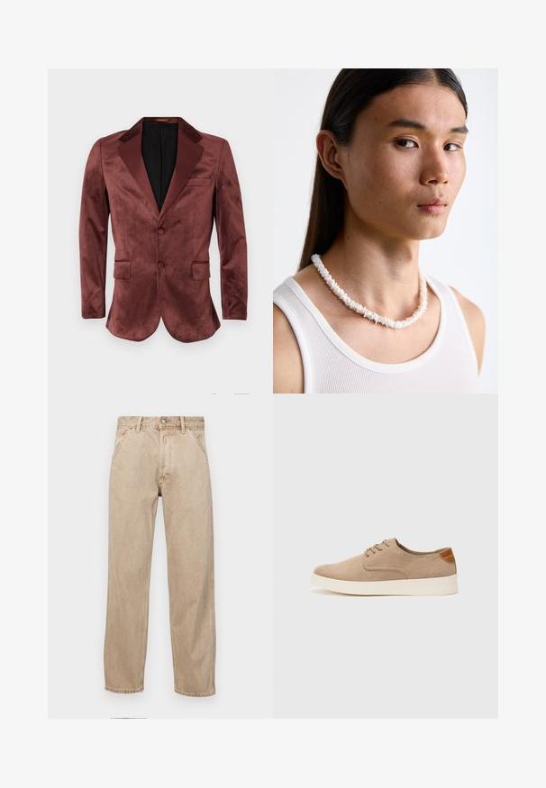 Bordo sametni blazer z satinastimi ovratniki, dvema sprednjima žepoma, enojnim gumbom in črno notranjo oblogo. Gladka tekstura.; Bela majica s kratkimi rokavi iz rebraste tkanine. Okrogli izrez, sproščen kroj, brez vidnih vzorcev ali naglasov. Preprosta in vsestranska zasnova.; Beige jeans iz džinsa s ravnim nogavicama, ki imajo sprednje žepe, kovinsko zapiranje in subtilno teksturo.; Bež tkanine usnjene superge z zaobljenim nosom, vezalkami na sprednji strani in teksturiranim zadnjim detajlom. Belo gumijasto podplato zagotavlja kontrast. Enostaven in sodoben dizajn.; Bela ogrlica iz školjki, sastavljena od nepravilnih oblika, nošena preko pripijenog bijelog topa. S smooth teksturom i suptilnim sjajem, blisko prilagođenog dizajna.