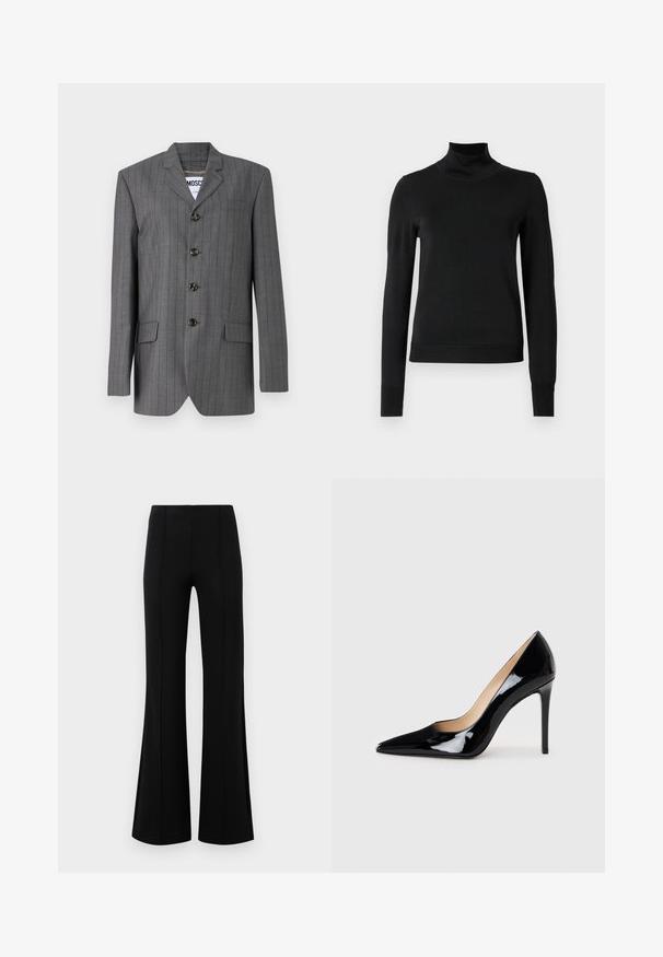 Sivý sako s prúžkami, s klopovým golierom, na päť gombíkov, dvoma prednými vreckami a viditeľnou etikettou vo vnútri. Tkanina vyzerá ako štruktúrovaná.; Čierny dlhý rukáv rolák s rebrovanými manžetami a lemom, zobrazený na čistej bielej pozadí.; Čierne rozšírené nohavice s vysokým pásom, vyrobené z elastického materiálu. Obsahujú vertikálne švy na prednej strane a hladkú textúru.; Čierne lakované lodičky na vysokej podpätku s špicatou špičkou a elegantným siluetou. Disponujú hladkým, lesklým povrchom a štíhlym podpätkom.