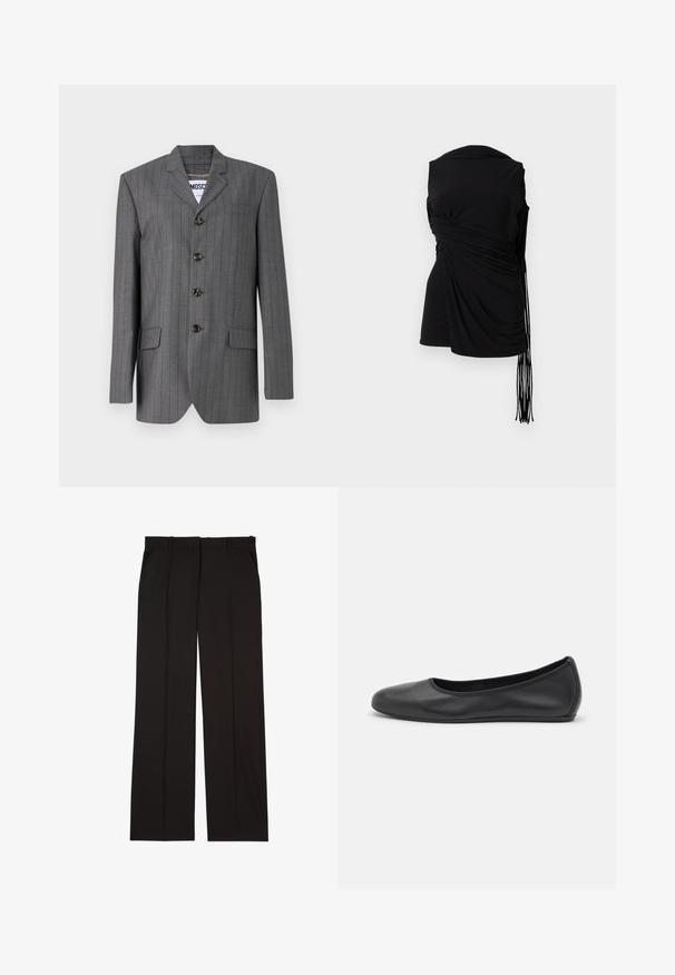 Sacou gri cu dungi cu rever în formă de v, închidere cu cinci butoane, două buzunare frontale și o etichetă vizibilă în interior. Țesătura pare texturată.; Top negru fără mâneci, cu material drapat, strângere laterală și detalii cu franjuri lungi, având o textură netedă și o siluetă ajustată.; Pantaloni negri, croiți, confecționați dintr-un material neted, cu un design drept și două buzunare laterale. Construcție elegantă și minimalistă.; Balerini din piele neagră, cu vârf rotund, textură netedă, detalii de cusătură minimale și un design al tălpii flexibil.