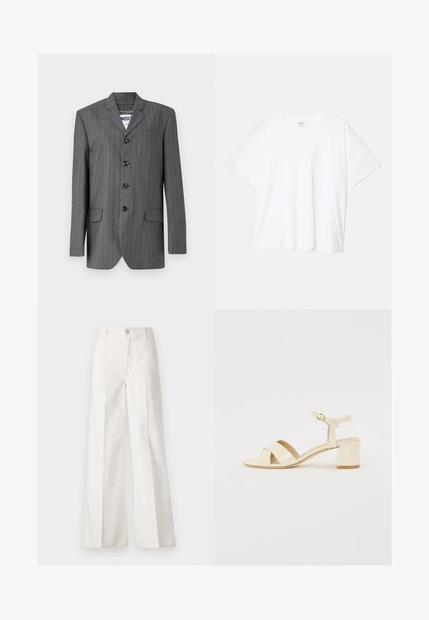 Gray pinstripe blazer with a notched lapel, five-button closure, two front pockets, and a label visible inside. Fabric appears textured.; White cotton t-shirt with short sleeves, round neckline, relaxed fit, and stitched hem. Label visible on the inside neck.; White wide-leg trousers made from cotton with a smooth texture. Features a front button, zipper fly, and four-pocket design.; Beige patent leather heeled sandals with cross strap design, open toe, adjustable ankle strap, and a block heel. Smooth texture.