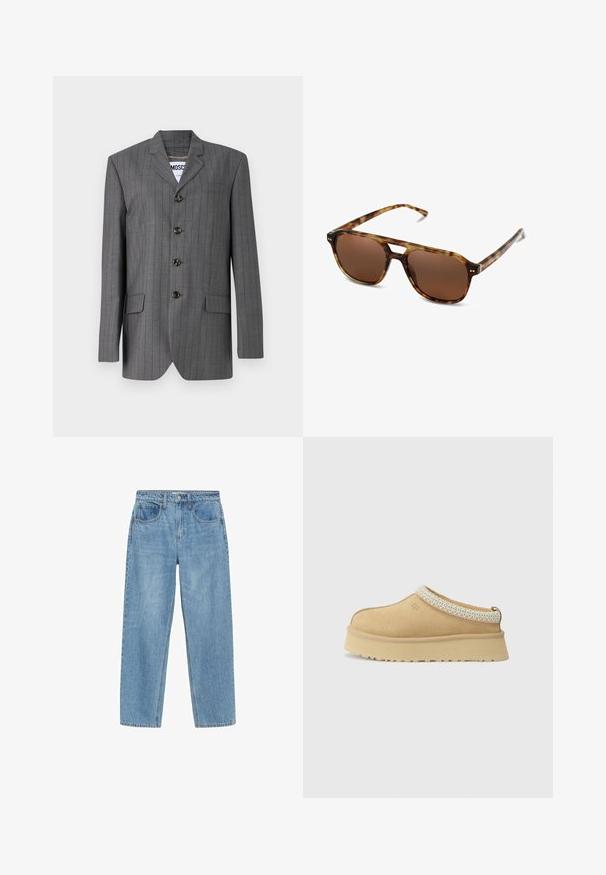 Šedý pruhovaný sako s klopovým límcem, pětibuttonovým zapínáním, dvěma předními kapsami a viditelnou cedulkou uvnitř. Tkanina vypadá strukturovaně.; Bílý krátký rukáv tričko vyrobené z bavlny. Má kulatý výstřih a volný střih. Hladký materiál bez viditelných vzorů nebo akcentů.; Svetle modré džíny s rovný střih, vysokým pasem, dvěma předními kapsami a klasickým zapínáním na knoflík. Mírné prošednutí a žádné ozdoby.; Světlé semišové nazouvací boty s polstrovaným límcem a texturovaným světle modrým akcentem. Vybaveny silnou, odolnou podrážkou s vzorovaným profilem.; Sluneční brýle v želvovinovém designu s hnědými skly, obdélníkovým tvarem a tenkými rameny. Rám má jemné kovové akcenty.