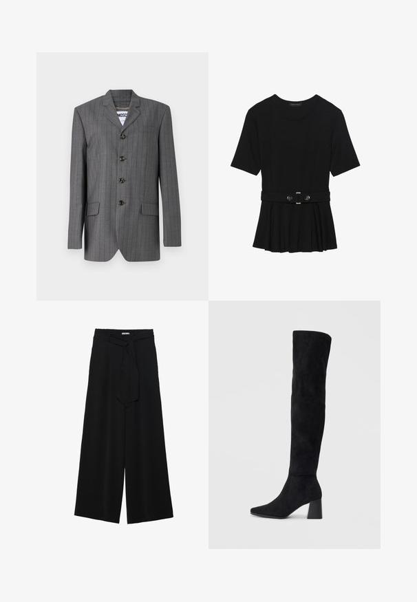 Grå randig kavaj med slagkrage, femknäppning, två framfickor och en etikett synlig inuti. Tyget verkar vara strukturerat.; Svart kortärmad topp i slätt material med peplumdesign och bälte i midjan, prydd med två runda knappar i silverfärg.; Svarta vida byxor med texturerad tyg, elastisk midja och en avtagbar käppknut i midjan för justerbar passform.; Svarta mocka knähöga stövlar med klack, spetsig tå och slät, sömlös design mot en ljus, enfärgad bakgrund.