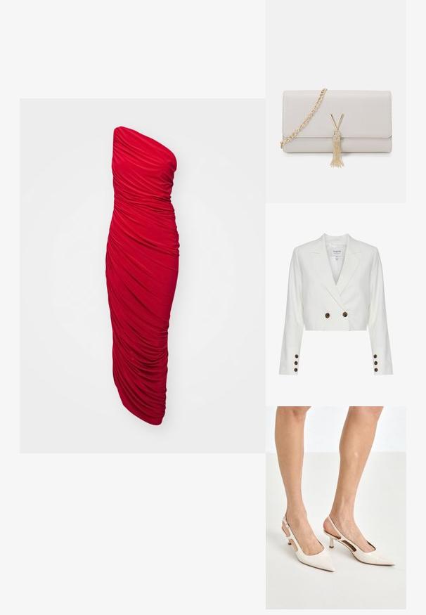 Izgriezts balts žakets ar dubulto priekšpusi, kas izceļas ar brūniem podziņām, sakņotu apkakli un garām piedurknēm. Gluda auduma tekstūra.; Sarkans, bezsloga, pieguļošs kleitas modelis ar savilkta auduma detaļām, kas nodrošina raibuma struktūru, garu garumu un elegantu siluetu.; Beidzējo oriģinālo bežējo lakotā ādas kurpju papēžus ar norādītu degunu un 5 cm papēdi, kas iekļauj izgrieztās sānu daļas un plānu potītes siksniņu.; Gaiši pelēks mākslīgās ādas rokassoma ar zelta ķēdes siksniņu, ar V formas aizdari un pušķi. Gluda virsma, taisnstūra forma.