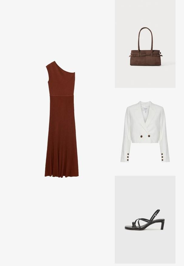 Valkoinen bleiseri, jossa on kaksirivinen etuosa, ruskeat napit, viilto-olkajahat ja pitkät hihat. Liukas kankaan pinta.; Vaaleanruskea epäsymmetrinen ribbimekko, jossa on yksi olkaimen malli; vartalonmyötäinen yläosa levenee leveäksi hameeksi. Sujuva pintakuvio koko matkalla.; Mustat hihnalligat, joissa on neliön muotoinen kärki ja matala lohkokorko. Ominaisuuksiin kuuluu useita ohuita hihnoja ja säädettävä nilkkahihna. Valmistettu sileästä nahasta.; Ruskean mokkanahkainen käsilaukku, jossa on kaksi tukevaa kahvaa, suorakulmainen muoto ja koristeellinen hihnayohtelu edessä.