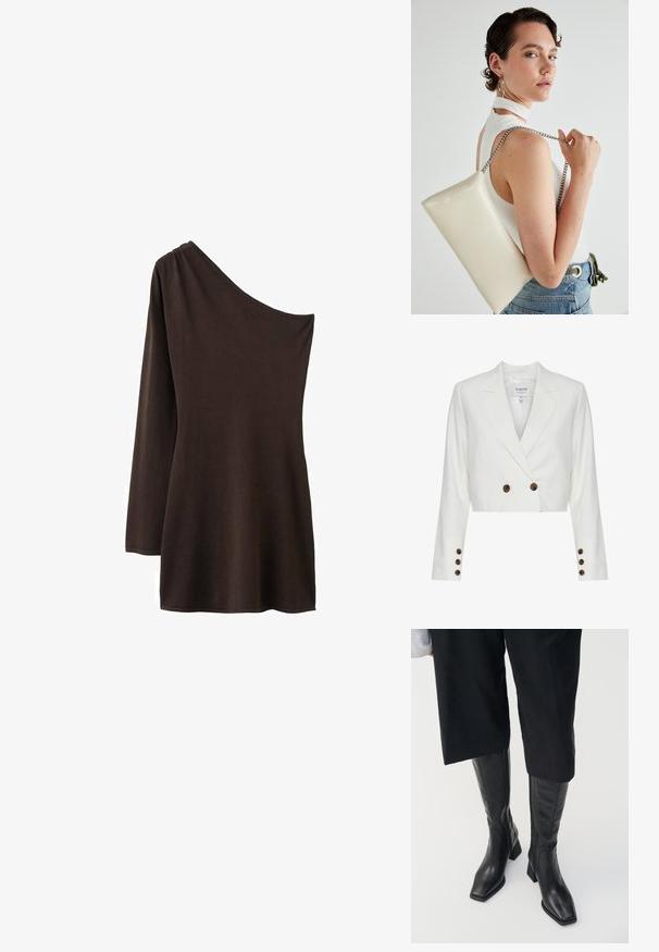 Skrajšan bel blazer z dvojnim zapenjanjem na sprednji strani, ki ima rjave gumbe, izrezane reverje in dolge rokave. Gladka tekstura tkanine.; Rjava oblačilna majica z enim ramenom in dolgim rokavom na eni strani. Mehak, raztegljiv material z gladko teksturo; preprost, neokrašen dizajn.; Črne usnjene škornje do kolen s kvadratnim nosom in blok peto. Imajo stranski zadrgo in gladko teksturo.; Bela pravokotna torbica za ključe iz sijajnega materiala, opremljena s srebrno verižico. Model pozira in prikazuje torbico na enobarvni podlagi.
