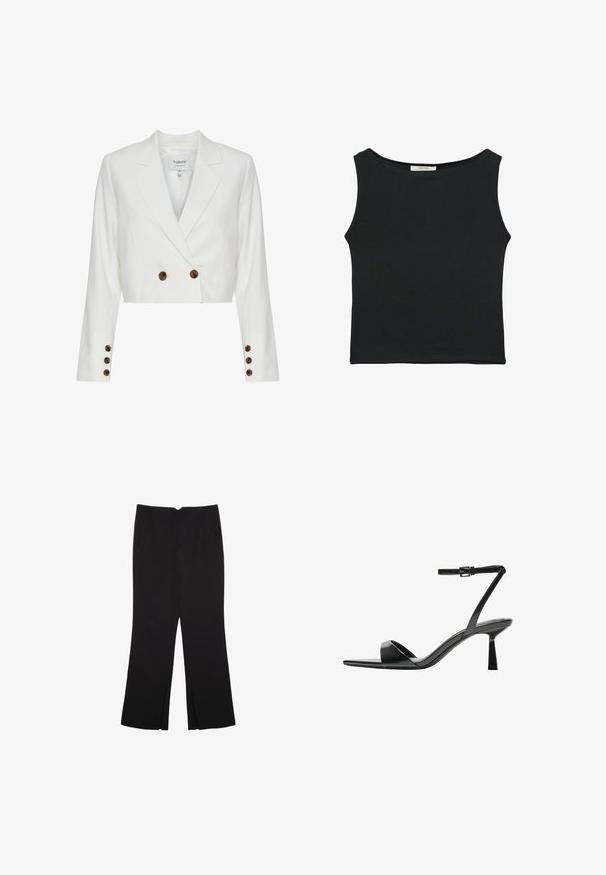 Valkoinen bleiseri, jossa on kaksirivinen etuosa, ruskeat napit, viilto-olkajahat ja pitkät hihat. Liukas kankaan pinta.; Mustat hihattomat paidat, jotka on valmistettu sileästä kankaasta. Paidassa on pyöreä kaula-aukko ja se on istuva ilman näkyviä kuvioita tai koristuksia.; Mustat housut suoralinjaisella leikkauksella, joissa on etutaskut ja sivurei'ät helman alla. Valmistettu pehmeästä ja sileästä kankaasta. Sopii eri tilaisuuksiin.; Bershka Korolliset sandaalit - black