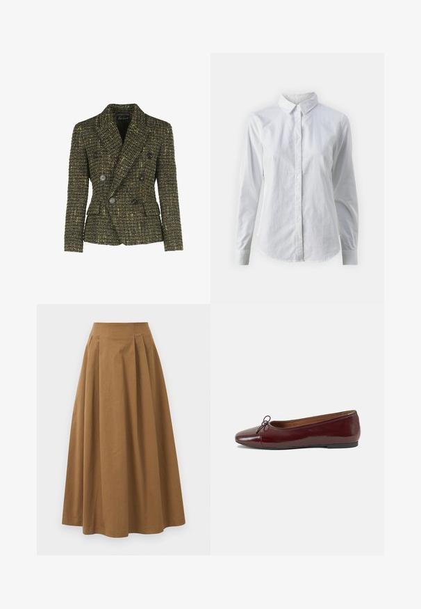 Dubbelknäppt kavaj i strukturerad mörk tyg med gula accenter. Har svarta knappar och två sidofickor. Skräddarsydd passform.; Vit skjorta med knappar, tillverkad av mjuk bomull, med klassisk krage, långa ärmar och en böjd fåll. Knapparna är små och vita.; Brun bomull A-linje kjol med hög midja, med veck ned längs framsidan och en mjuk textur. Sömmen är ren och enkel.; Burgunderfärgad lackläderballettskor med rund tå, liten rosettdekoration fram och en låg, svart gummisula. Slät textur.