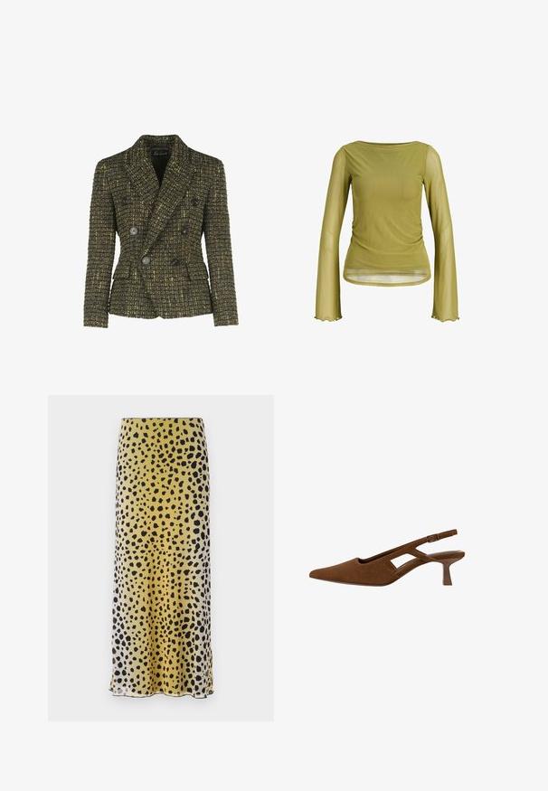 Dvojité sako vyrobené z textúrovanej tmavej tkaniny s žltými akcentmi. Obsahuje čierne gombíky a dve bočné vrecká. Strih prispôsobený postave.; Olivovozelený dlhý rukáv top vyrobený z ľahkého, priehľadného materiálu s nariasením v oblasti pása a zvlneným okrajom na rukávoch.; Žltá a čierne bodkovaná midi sukňa vyrobená z ľahkej tkaniny, s hladkou textúrou a rovný strih s lemom.; Hnedá nubuková sandálová topánka s špicatou špičkou, vyrezávaným dizajnom a úzkym opätkom. Má sponu a hladkú vnútornú podšívku.