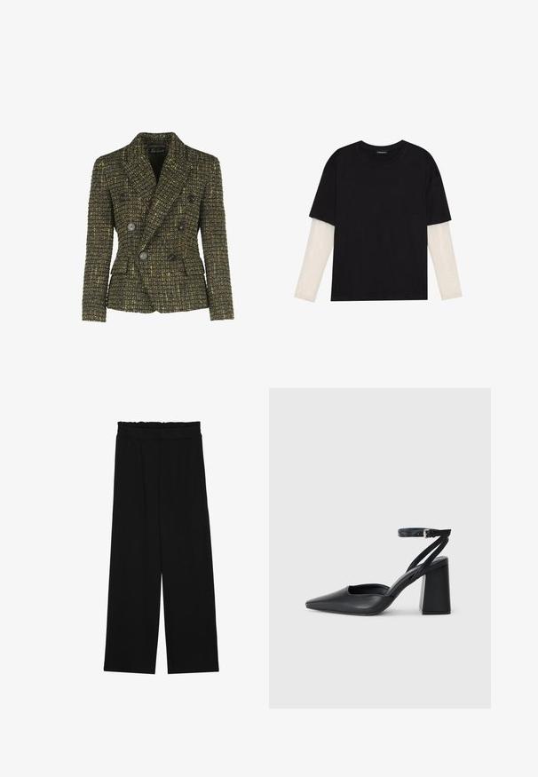 Kétgombos zakó, amely textúrált sötét anyagból készült, sárga díszítéssel. Fekete gombokkal és két oldalsó zsebből áll. Sűrített fazon.; Fekete pamut póló, rövid ujjal, fehér hosszú ujjú réteg fölött, finom textúrával. Kerek nyakkivágású dizájn.; Fekete, bőszárú nadrág fodros derékrésszel, két oldalsó zsebbel és sima, könnyű anyagból. Nincsenek látható minták vagy fémalkatrészek.; Fekete bőr, hegyes orrú magassarkú cipő boka pánttal és vastag sarokkal. Sima textúra, elegáns dizájn és minimális esztétika.