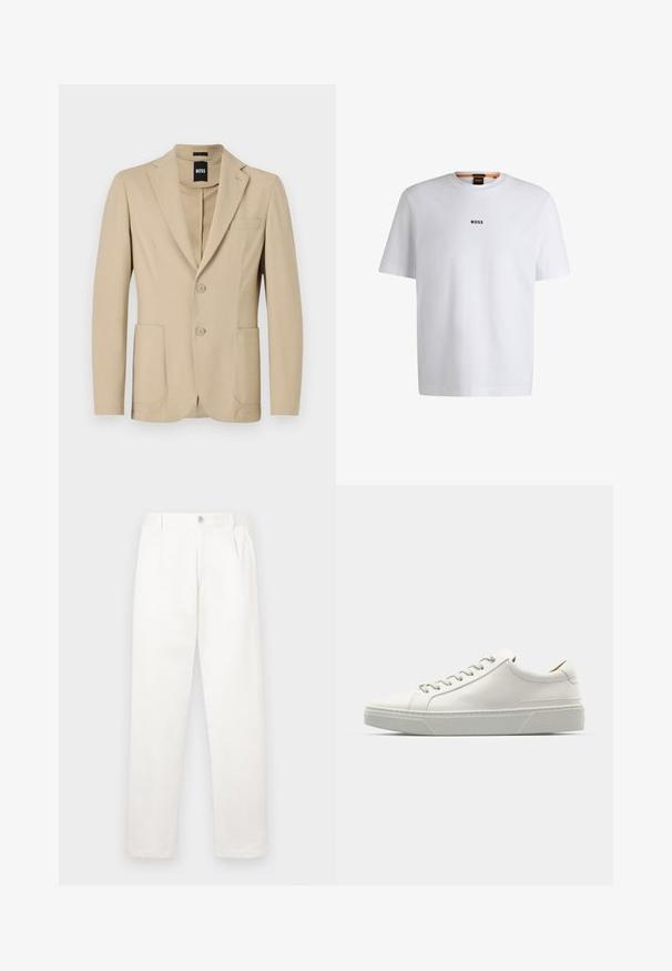 Beige blazer with a textured fabric. Features a notch lapel, two buttons, a chest pocket, and two front patch pockets.; White cotton T-shirt with short sleeves, featuring a black "BOSS" logo centered on the chest and a round neck design.; White trousers made from smooth fabric, featuring a straight leg design, front pleats, and a single button closure at the waist.; White leather sneaker with a rounded toe, minimalist design, grey laces, and a textured grey rubber sole. Subtle stitching details visible.