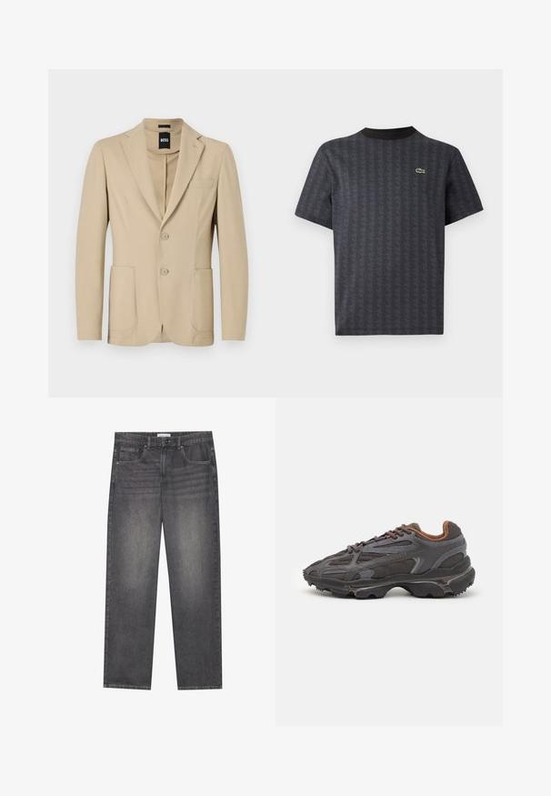 Blazer beige con un tessuto testurizzato. Presenta un revers a scopo, due bottoni, una tasca sul petto e due tasche a toppa frontali.; T-shirt nera a maniche corte con motivo geometrico e logo di un coccodrillo verde, con colletto a girocollo nero uniforme.; Jeans in denim grigio scuro con taglio dritto, dotati di cinque tasche, chiusura frontale con bottone e lievi sbiadimenti su tutta la stoffa.; Sneaker Lacoste grigie scure in materiale mesh e sintetico, con suola testurizzata e dettagli marroni sul colletto e sul branding.