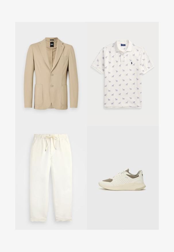 Μπεζ σακάκι με υφή υφάσματος. Διαθέτει ετικέτα notch, δύο κουμπιά, τσέπη στο στήθος και δύο μπροστινές τσέπες τύπου patch.; Λευκό polo μπλουζάκι από βαμβάκι, με επαναλαμβανόμενο μπλε σχέδιο σκύλων και μικρό μπλε λογότυπο στο στήθος. Κοντά μανίκια και γιακάς.; Απαλή κρέμα, χαλαρές παντελόνες φτιαγμένες από μαλακό ύφασμα. Διαθέτουν ελαστική μέση με κορδόνι, και σχέδιο κωνικού ποδιού.; Λευκό και ανοιχτό μπεζ αθλητικό παπούτσι, με επάνω μέρος από διχτυωτό υλικό, διακοσμήσεις με περφορέ και υφή στην ενδιάμεση σόλα με επωνυμία στη φτέρνα.
