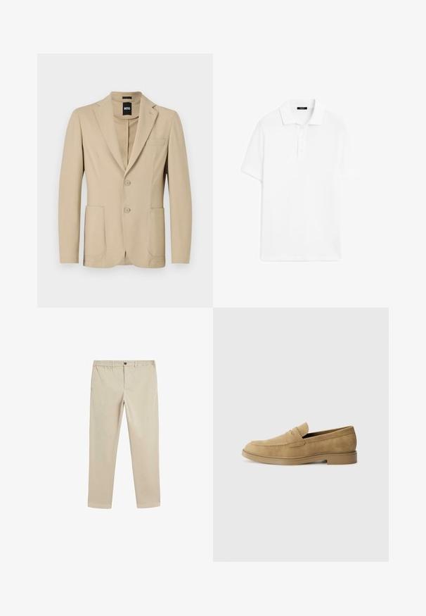 Beige blazer with a textured fabric. Features a notch lapel, two buttons, a chest pocket, and two front patch pockets.; White polo shirt made of cotton blend fabric, featuring a collared neckline, three-button placket, and short sleeves. Plain design.; Beige cotton trousers with an elastic waistband, button closure, straight leg design, and standard pockets on the sides and back.; Tan suede loafers with a rounded toe, low block heel, and stitched detailing on the upper. Smooth texture and minimalistic design.