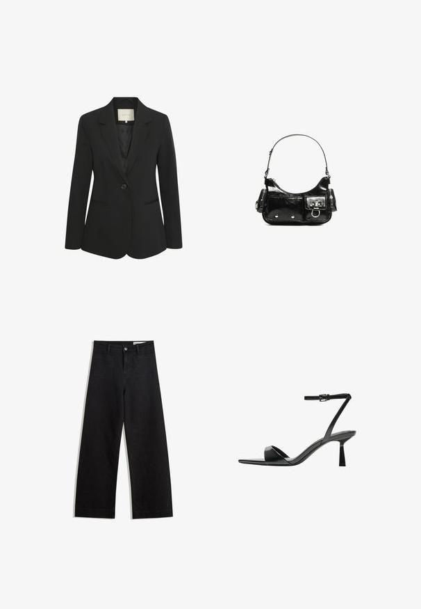Blazer donna nero su misura con chiusura a un bottone, rever a battente e due tasche frontali, mostrato su uno sfondo bianco.; Top bianco senza maniche con bottini frontali, tasche laterali e un design aderente con orlo leggermente svasato. Texture liscia, minimalista nei dettagli.; Pantaloni in denim neri a gamba larga con vita alta, dotati di tasche anteriori e posteriori, cuciture a punto, e chiusura con bottone. Texture liscia.; Bershka Sandali con tacco - black; Borsa a spalla in vernice nera con forma curvata, una tracolla, tasche frontali e dettagli in metallo argentato.