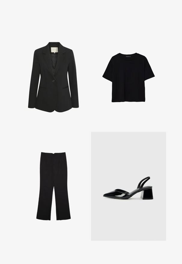 Blazer pour femme noir ajusté avec fermeture à un bouton, revers en pointe et deux poches avant, présenté sur un fond blanc.; T-shirt noir à manches courtes en coton. Présente un col rond et une coupe ample avec une texture lisse et unie. Aucun motif ni accent visible.; Pantalon noir avec une coupe droite, doté de poches avant et d'éclairs sur l'ourlet. Fabriqué en tissu doux et lisse. Convient à diverses occasions.; Escarpins en cuir verni noir avec bout pointu et talon bloc géométrique. Présente un design élégant et minimaliste ainsi qu'une texture lisse.