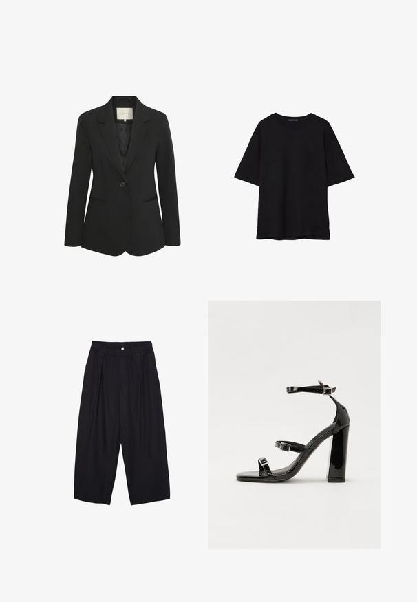 Czarna żakietowa marynarka damska z zapięciem na jeden guzik, z wyłogami i dwiema przednimi kieszeniami, przedstawiona na białym tle.; Czarna bawełniana koszulka z luźnym krojem, krótkimi rękawami, okrągłym dekoltem i gładką fakturą. Bez widocznych wzorów ani akcentów.; Czarne spodnie culotte z poliestru z elastycznym pasem, dwoma fałdami z przodu i luźnym krojem. Brak widocznych wzorów lub elementów metalowych.; Czarne lakierowane sandały na obcasie z kwadratowym noskiem, z paskami wokół kostki i srebrnymi klamrami. Posiadają masywny słupek dla stabilności.