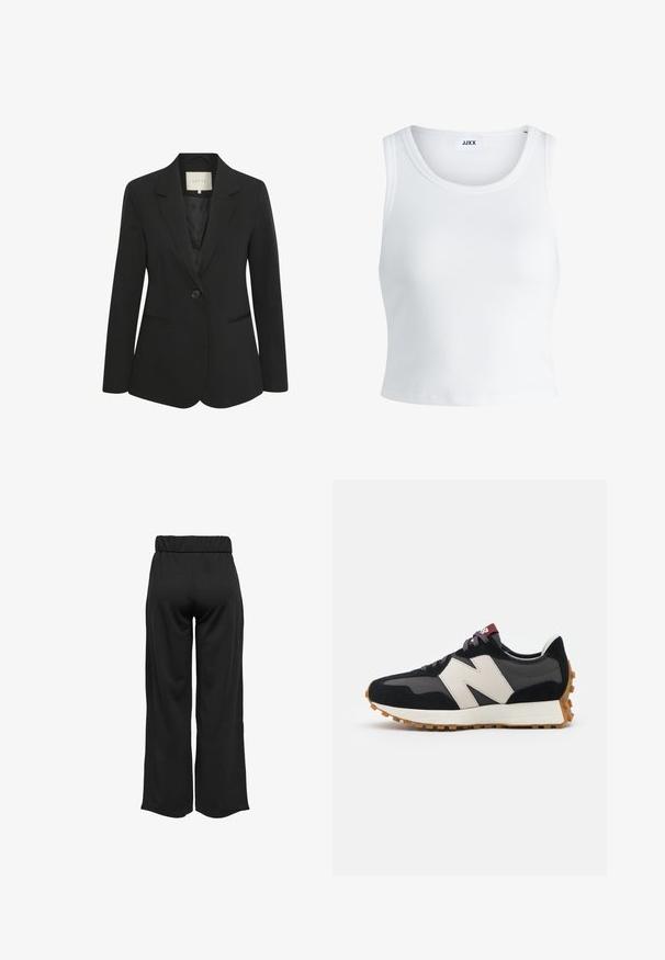 Čierny dámsky sak so strihom na mieru, s jedným gombíkom, klopovými límci a dvoma prednými vreckami, znázornený na bielom pozadí.; Biely rebrovaný tielko s okrúhlym výstrihom, bez rukávov a krátkou dĺžkou. Štítok znie "JJXX." Hladká textúra látky.; Čierne široké nohavice s elastickým pásom, vyrobené z hladkej tkaniny. Majú jednoduchý dizajn, bez vreciek alebo viditeľných švíkov.; Čierne a sivé semišové tenisky s veľkým krémovým logom "N", fialovými šnúrkami a textúrovanou gumovou podrážkou.