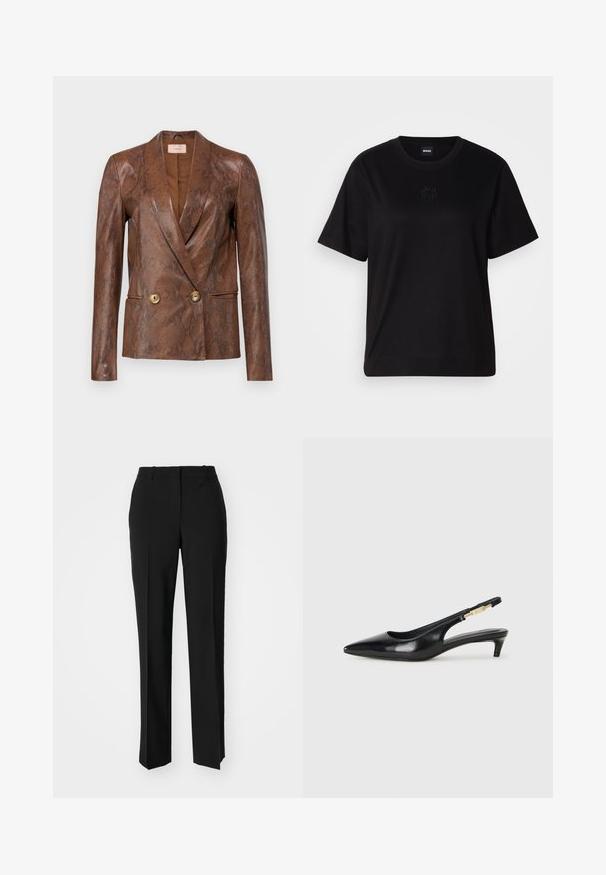 Bruine dubbelzijdige blazer met slangenhuidstructuur, twee voorknoopjes, reverskraag en lange mouwen op een witte achtergrond.; Zwarte katoenen t-shirt met een ronde hals, korte mouwen en een geborduurd logo op de borst. Eenvoudige, comfortabele pasvorm zonder patronen.; Zwarte op maat gemaakte broek met een recht model, voorzien van een soepele textuur en scherpe plooien aan de voorkant. Geen zichtbare hardware.; Zwarte leren slingback hakken met een spitse neus, voorzien van een slanke hak en een goudkleurige accent op de verstelbare band. Gladde textuur.