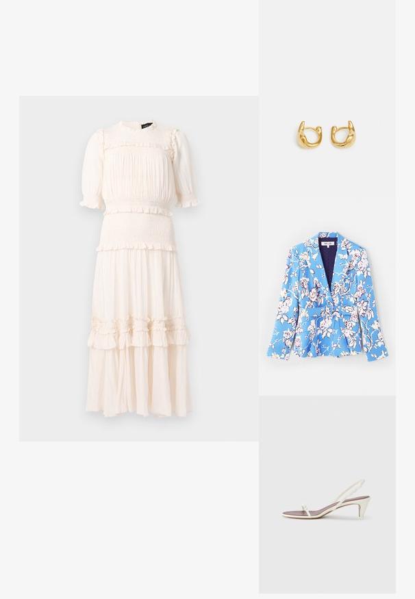 Mėlynas švarkas su gėlių raštu, turintis diržą liemenyje, išpjaustytus atlapus, ilgomis rankovėmis ir pamušalu, kuris turi pasiūtą tekstūrą.; Kreminė midi suknelė su pūstomis rankovėmis, smulkiu liemeniu ir bodice, bei plonytte sluoksniuota sijono apdaila prieš paprastą foną.; Baltos slingback šlepetės su lengvu kulnu, plonais dirželiais ir lygia odos tekstūra; turi mažą dekoratyvinę sagtelę.; Auksiniai auskarai-žiedai su lygiu, apvaliu dizainu ir blizgiu paviršiumi. Auskarai turi kompaktišką, masyvų forma ir be siūlių užsegimą.