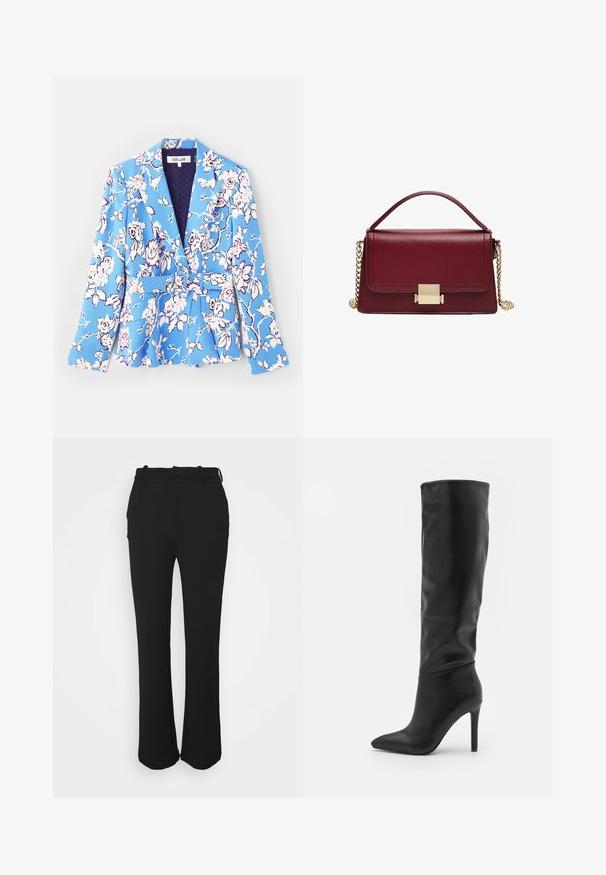 Blazer s cvetličnim vzorcem v modri barvi, z pasom na pasu, z žepki v obliki črke V, dolgimi rokavi in podloženim notranjim delom z quiltano teksturo.; Modra in črna zadrga mikica z belimi detajli, ki vsebuje logo "RACING" v krepkem tisku, visok ovratnik in dve žepki z zadrgo.; Črne, krojene hlače z gladkim zaključkom, ravnim krojem in pasom. Imajo subtilne šive in brez žepov.; RAID TALISHA - Škornji - black; Bordo usnjena torbica s strukturirano zasnovo, z zlatim okovjem in odstranljivo verižico. Gladka tekstura in pravokotna oblika.