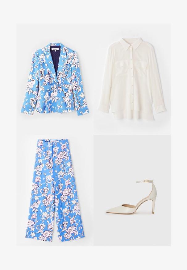 Mėlynas švarkas su gėlių raštu, turintis diržą liemenyje, išpjaustytus atlapus, ilgomis rankovėmis ir pamušalu, kuris turi pasiūtą tekstūrą.; Balta marškinėlių su mygtukais, pagaminti iš lengvos medžiagos. Turi klasikinį apykaklę, dvi krūtinės kišenes ir šiek tiek ilgesnį nugaros kraštą.; Mėlyni gėlių džinsai su pastelinių rožių raštu. Audinys yra lygus, su laisvu kirpimu, plačiomis kojomis ir elastiniu liemeniu.; Balti odiniai aukštakulniai batai su smailiu priekiniu galu, kulkšnies dirželiu ir siauru stiletu. Lygi tekstūra su subtiliu blizgiu paviršiumi.