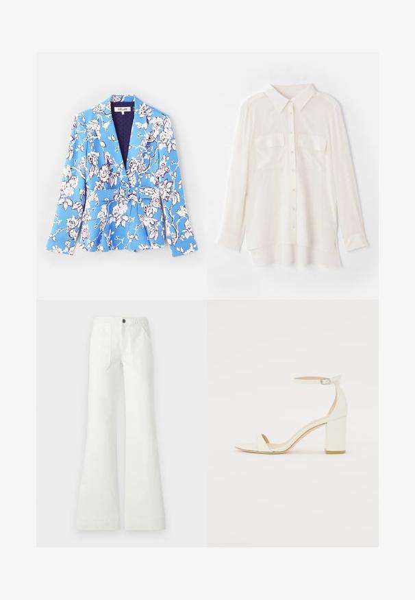 Floral-patterned blazer in blue, featuring a belt at the waist, notched lapels, long sleeves, and a lined interior with a quilted texture.; White button-up shirt made of lightweight fabric. Features a classic collar, two chest pockets, and a slightly longer back hem.; White flared pants made of woven fabric, featuring a braided waistband, two front pockets, and a smooth texture. Fastened with a black button.; White leather block-heel sandal featuring an ankle strap with a buckle and minimalist design. Open toe and smooth textures throughout.