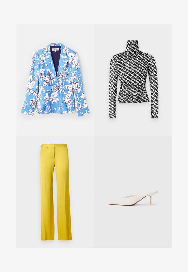 Floral-patterned blazer in blue, featuring a belt at the waist, notched lapels, long sleeves, and a lined interior with a quilted texture.; Long-sleeve turtleneck top in sheer black fabric with a repeating white chain pattern. Fitted design with subtle gathered detailing at the waist.; Wide-leg trousers in bright yellow, made of smooth fabric. Features a front pocket and tailored waistband for a structured look.; Pointed-toe white mule with a low stiletto heel. Made of smooth material with a minimalist design and subtle tan sole detail.